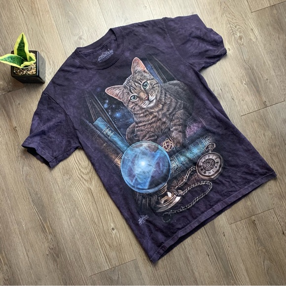 The Mountain Tops - The Mountain Purple Tie Dye Cat Graphic T Shirt Zodiac Small Grunge